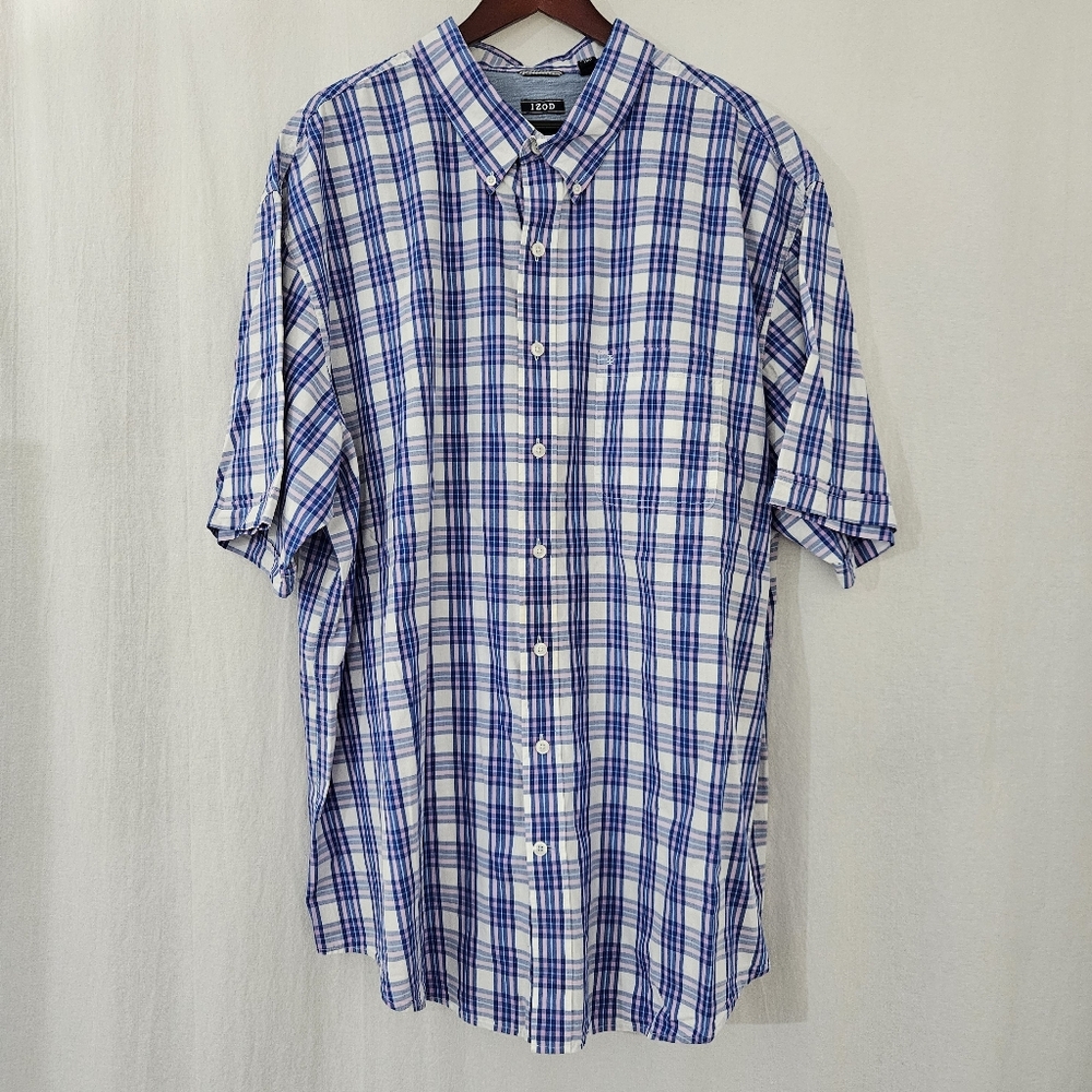 IZOD Short Sleece Casual Button Down Shirt in Blue White Pink Plaid Size 3XLT